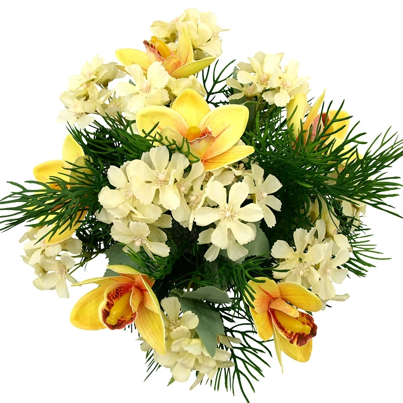 Dirbtinė orchidėjų ir hortenzijų puokštė vazone