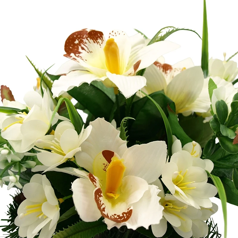 Dirbtinė orchidėjų ir zinijų puokštė vazone