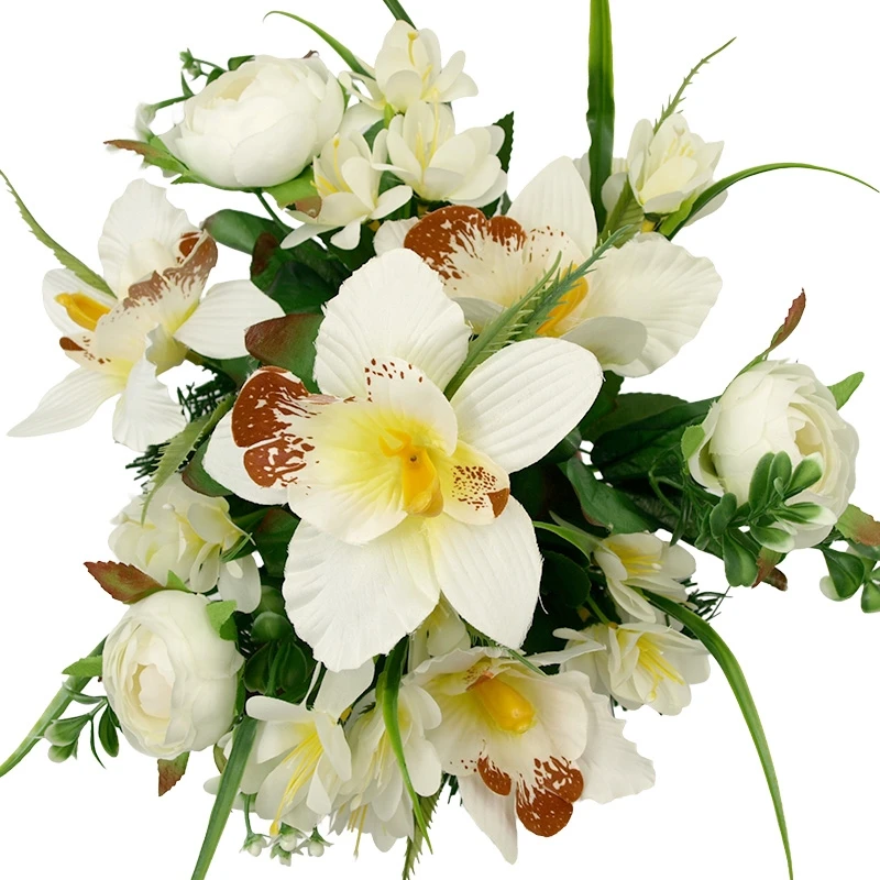 Dirbtinė orchidėjų ir zinijų puokštė vazone
