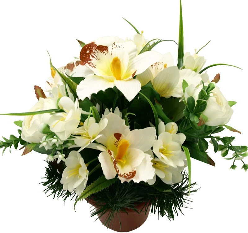 Dirbtinė orchidėjų ir zinijų puokštė vazone