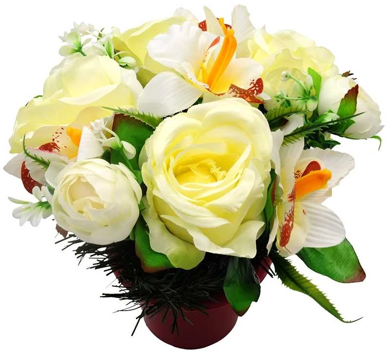 Dirbtinė rožių ir orchidėjų puokštė vazone