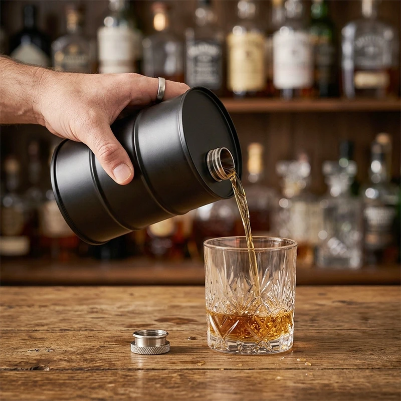 Juoda statinės formos metalinė gertuvė, 600 ml