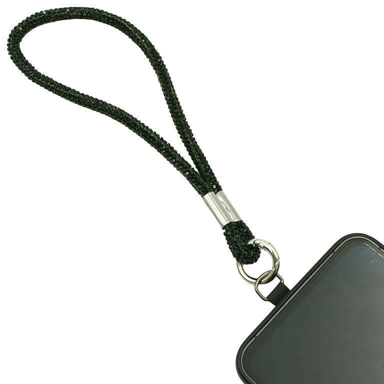Juodas blizgantis telefono dirželis ant riešo, 17 cm