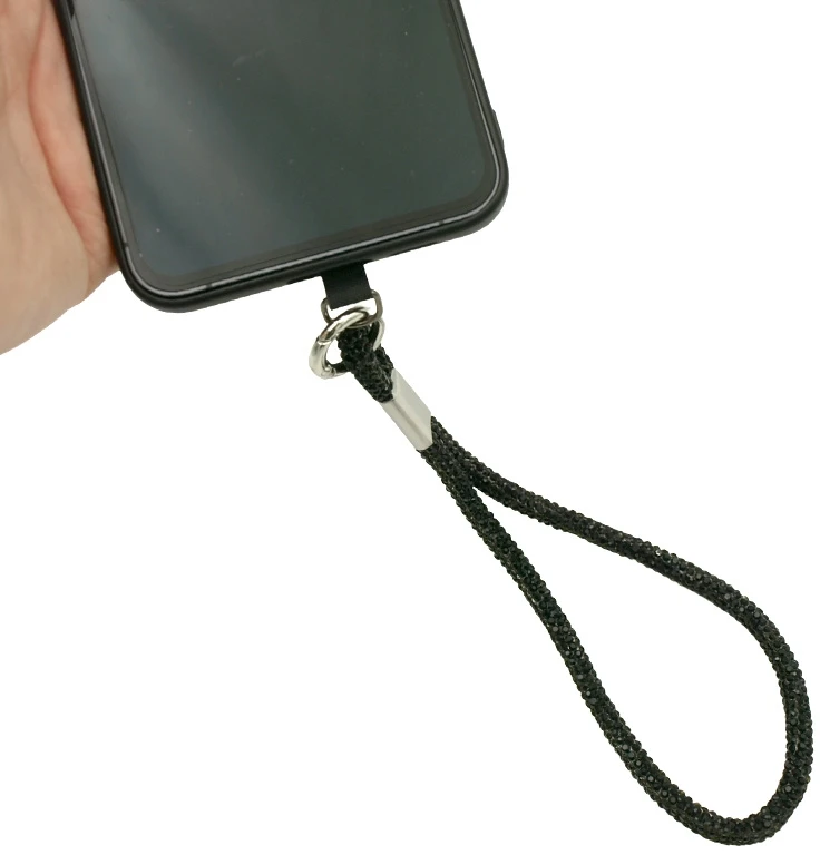 Juodas blizgantis telefono dirželis ant riešo, 17 cm