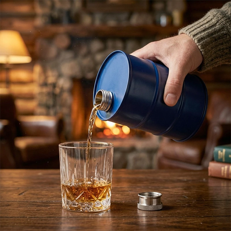Mėlyna statinės formos metalinė gertuvė, 600 ml