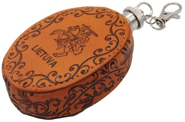 Metalinė gertuvė odiniame dėkle Lietuva, 75 ml