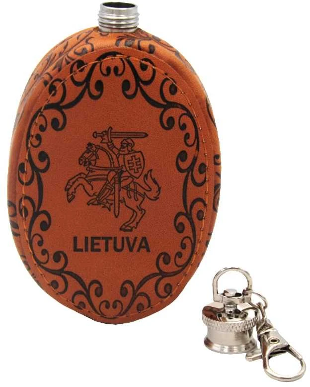 Metalinė gertuvė odiniame dėkle Lietuva, 75 ml