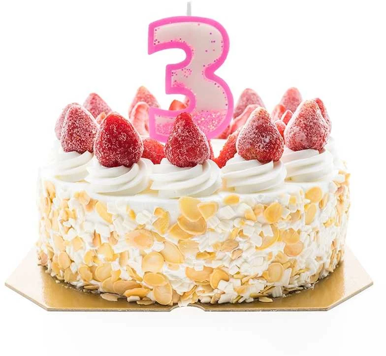 Rožinė žvakutė tortui skaičius "3"