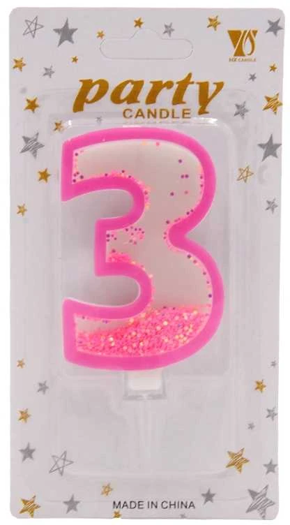 Rožinė žvakutė tortui skaičius "3"