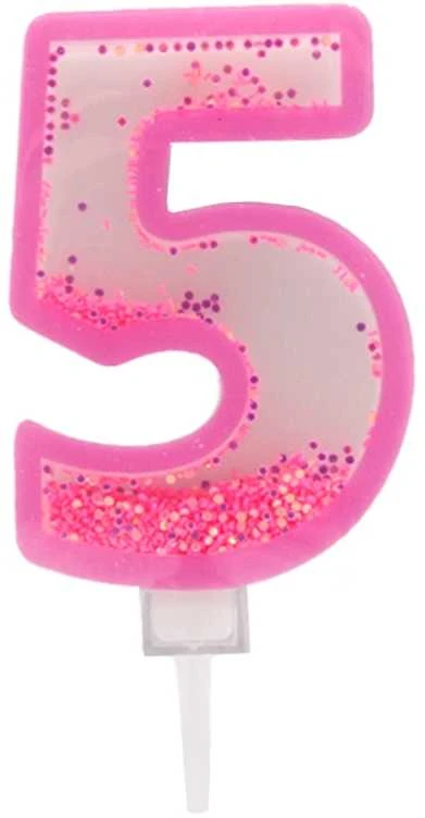 Rožinė žvakutė tortui skaičius "5"