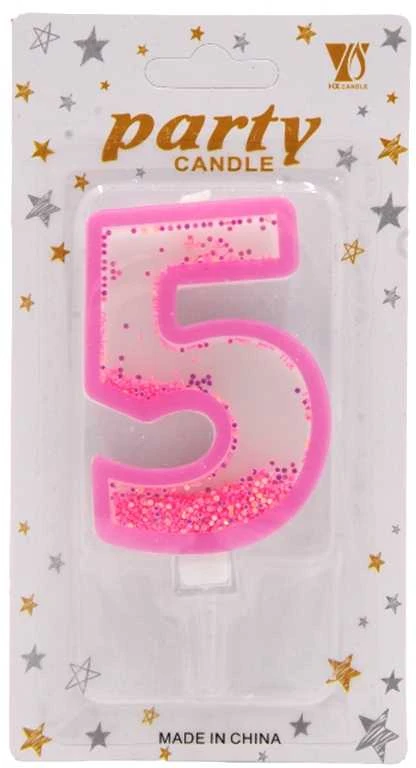 Rožinė žvakutė tortui skaičius "5"