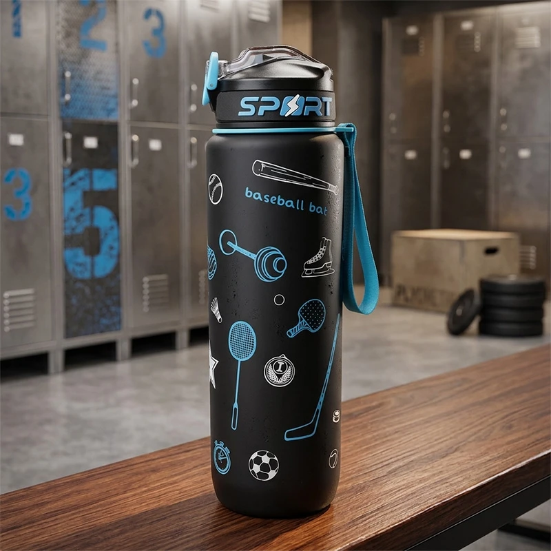 Sportinė plastikinė gertuvė, 1000 ml su dirželiu - Mėlyna