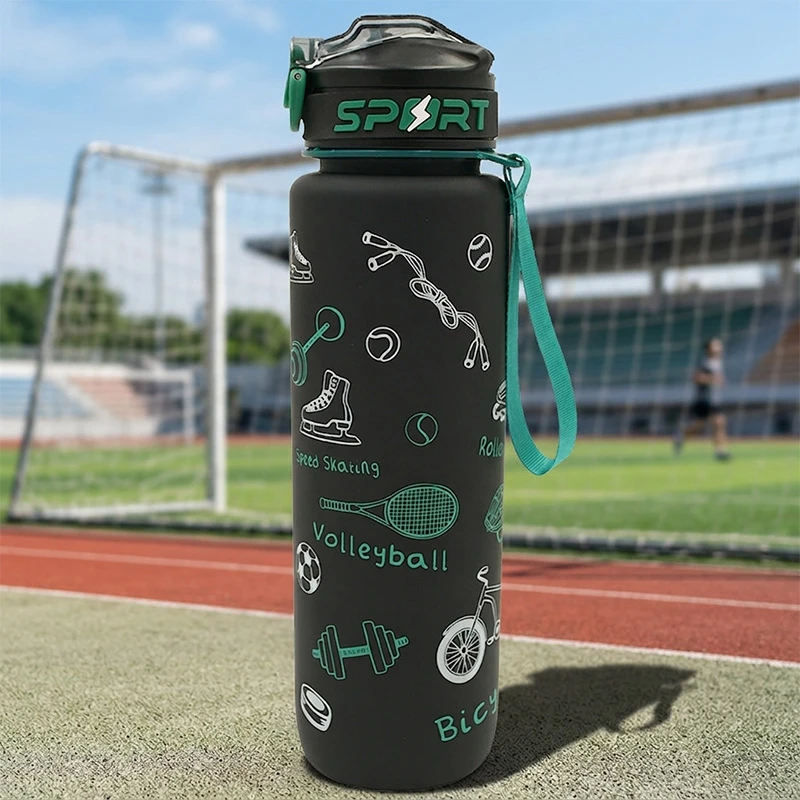 Sportinė plastikinė gertuvė, 1000 ml su dirželiu - Mėlyna