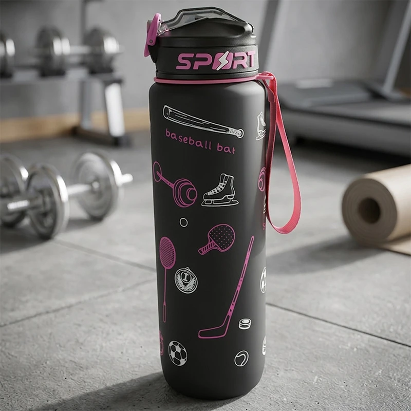 Sportinė plastikinė gertuvė, 1000 ml su dirželiu - Mėlyna