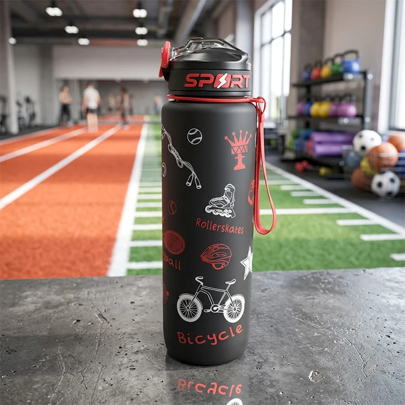 Sportinė plastikinė gertuvė, 1000 ml su dirželiu - Mėlyna