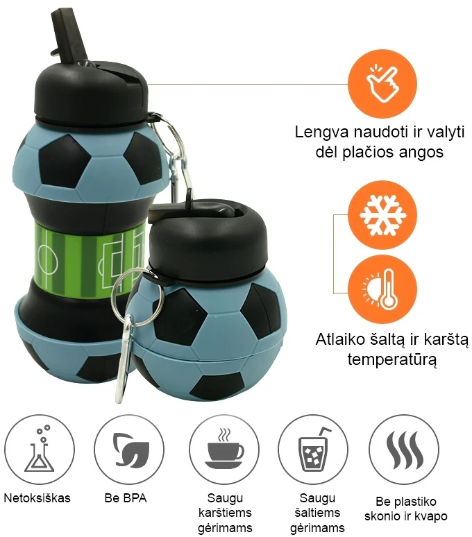 Sulankstoma silikoninė gertuvė-futbolo kamuolys, 550 ml - Žalia