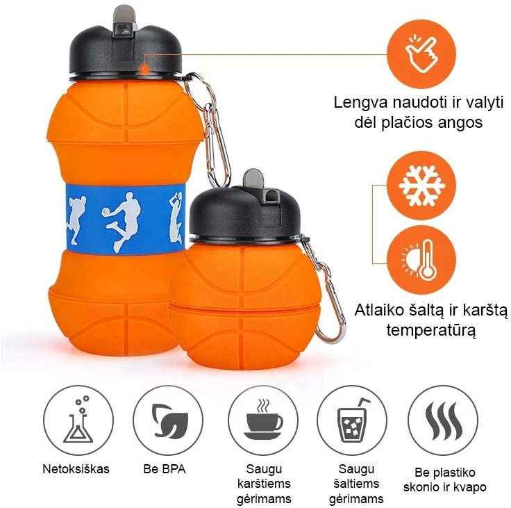Sulankstoma silikoninė gertuvė-krepšinio kamuolys, 550 ml