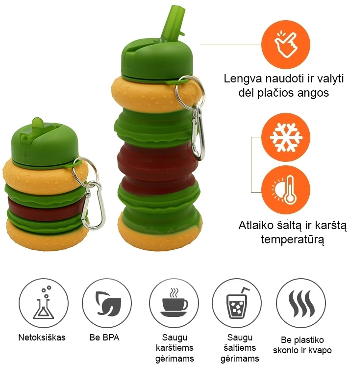 Sulankstoma silikoninė gertuvė mėsainis, 600 ml