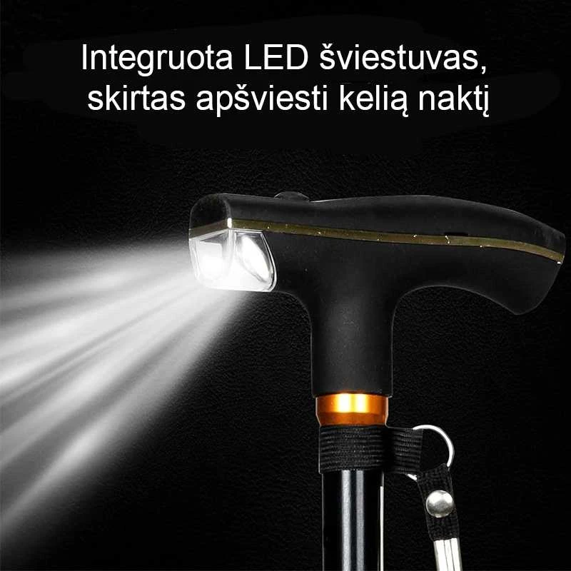 Vaikščiojimo lazda reguliuojamu aukščiu ir LED apšvietimu - Juoda