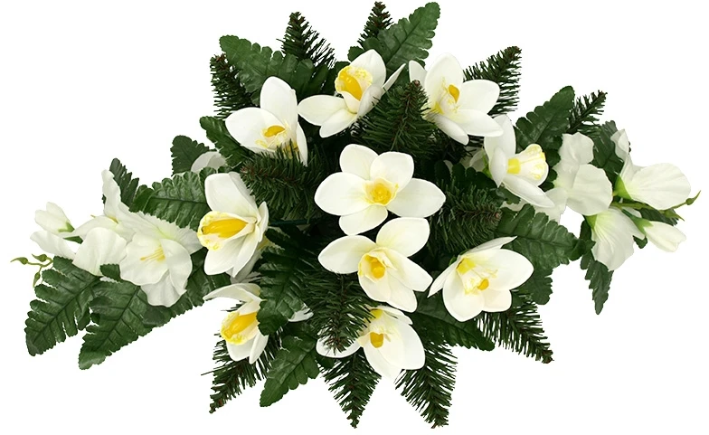 Vėlinių puokštė iš baltų dirbtinių kardelių ir orchidėjų žiedų