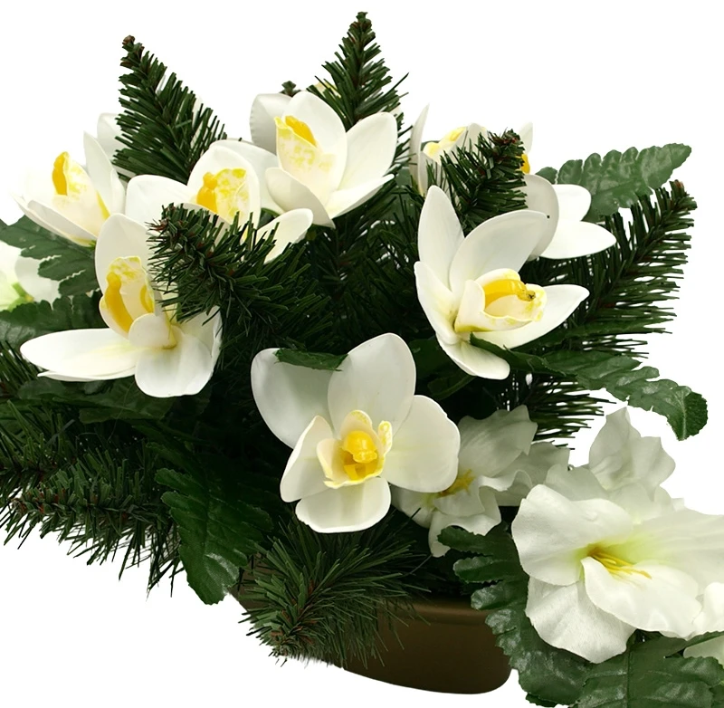 Vėlinių puokštė iš baltų dirbtinių kardelių ir orchidėjų žiedų