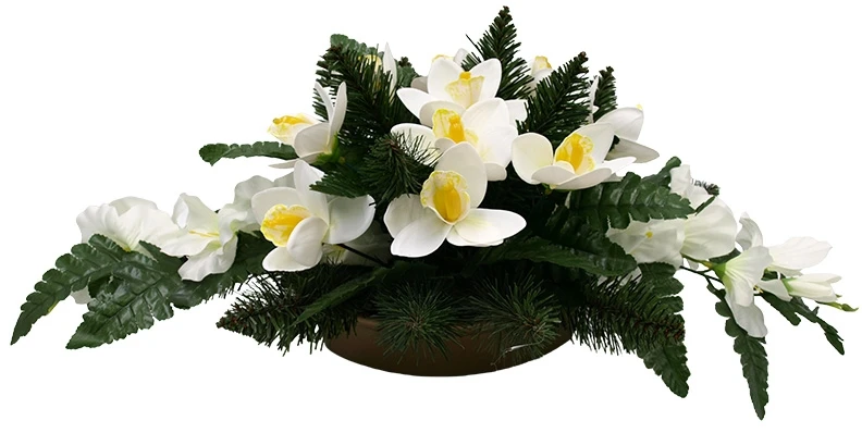 Vėlinių puokštė iš baltų dirbtinių kardelių ir orchidėjų žiedų