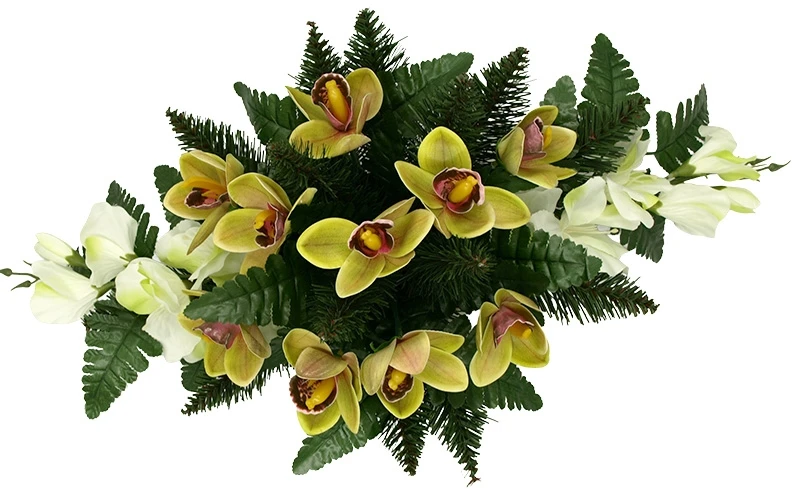 Vėlinių puokštė iš dirbtinių kardelių ir žalių orchidėjų žiedų