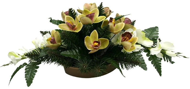 Vėlinių puokštė iš dirbtinių kardelių ir žalių orchidėjų žiedų