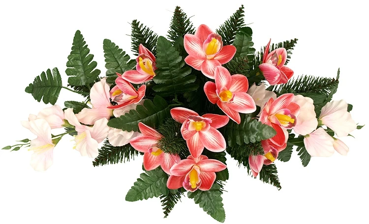 Vėlinių puokštė iš rožinių dirbtinių kardelių ir orchidėjų žiedų