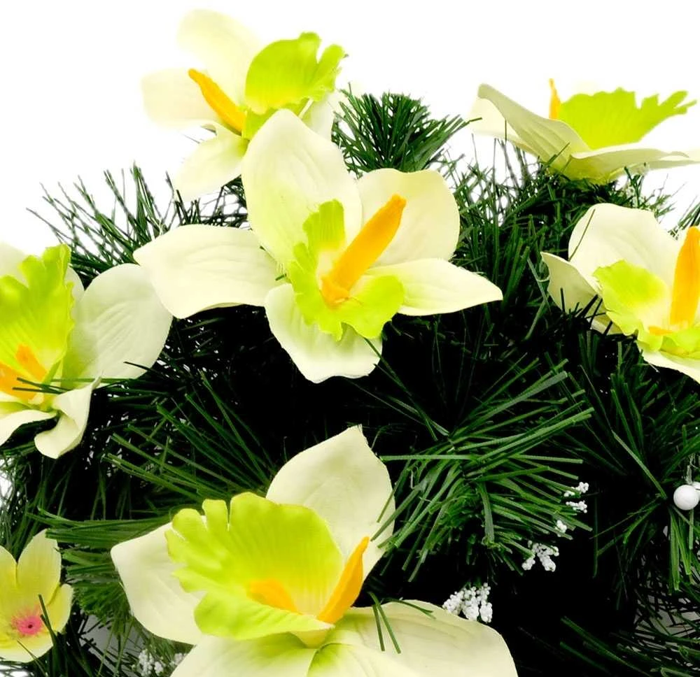 Vėlinių vainikas iš dirbtinių orchidėjų ir smulkių gėlių - Žalsva