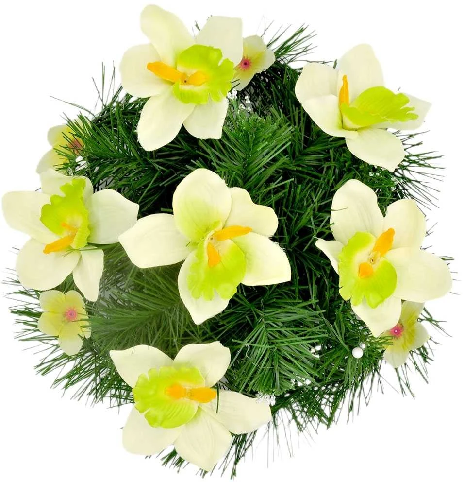 Vėlinių vainikas iš dirbtinių orchidėjų ir smulkių gėlių - Žalsva