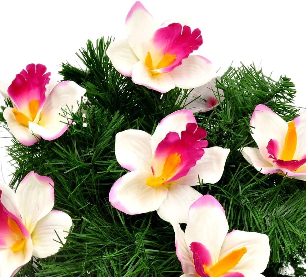 Vėlinių vainikas iš dirbtinių orchidėjų ir smulkių gėlių - Žalsva