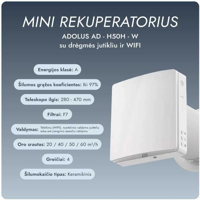 Mini rekuperatorius Adolus AD - H50H - W su drėgmės jutikliu ir WIFI