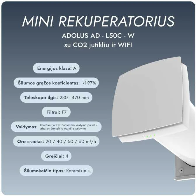 Mini rekuperatorius Adolus AD - L50C - W su CO2 jutikliu ir WIFI