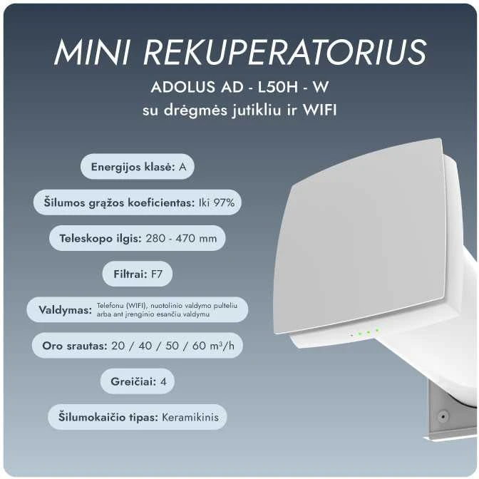 Mini rekuperatorius Adolus AD - L50H - W su drėgmės jutikliu ir WIFI