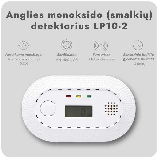 Anglies monoksido (smalkių) detektorius LP10-2, 10 metų (2 vnt.)
