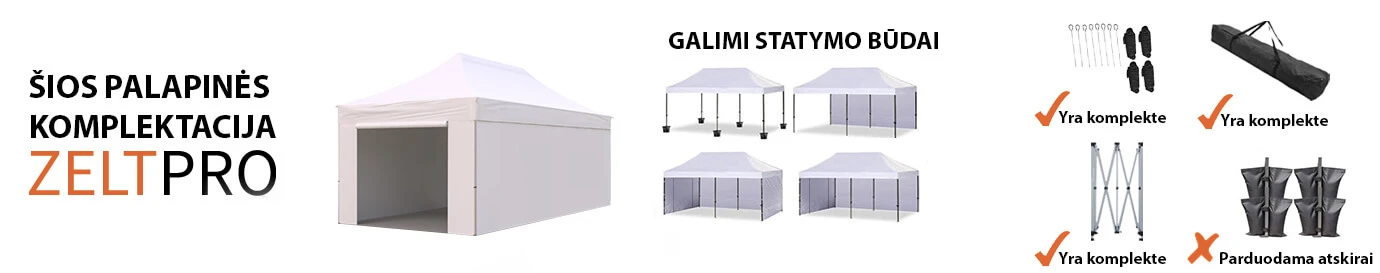 Prekybinė Palapinė 4x6 Balta Zeltpro PREMIUM+ su 4 sienomis, krepšiu aprašymas - Prekės nuotrauka