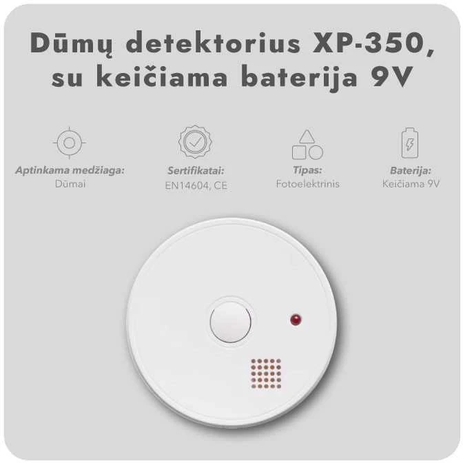 Dūmų detektorius XP-350, su keičiama baterija 9V (2 vnt.)