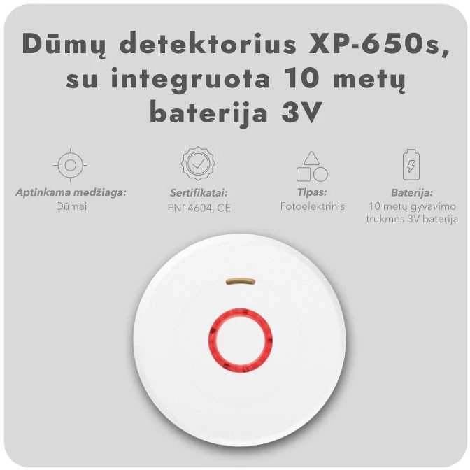 Dūmų detektorius XP-650s, su integruota 10 metų baterija 3V (4 vnt.)