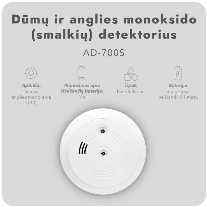 Dūmų ir anglies monoksido (smalkių) detektorius AD-700S (6 vnt.)