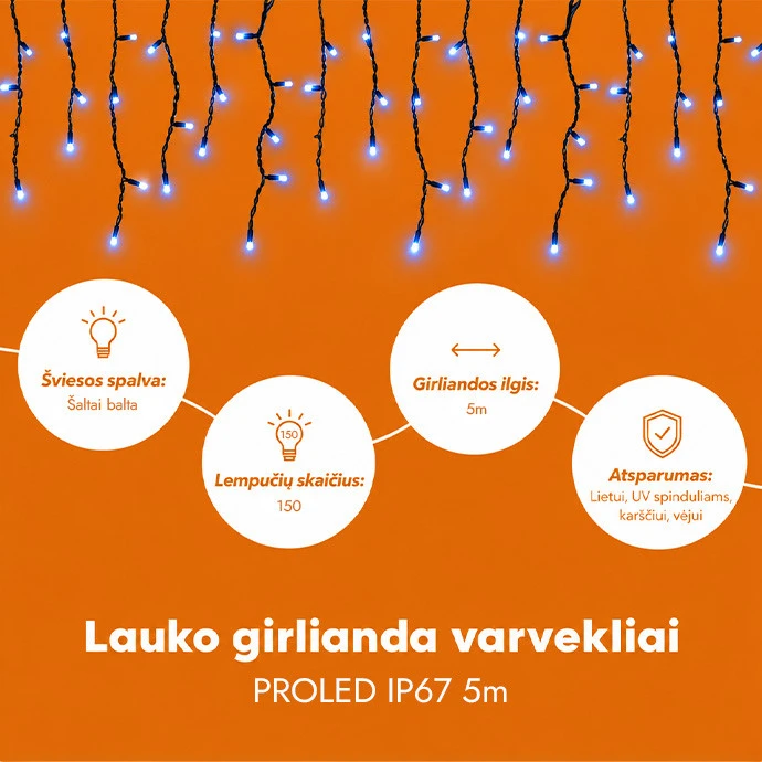 Lauko girlianda varvekliai (šaltai baltos LED lemputės) PROLED IP67 5m