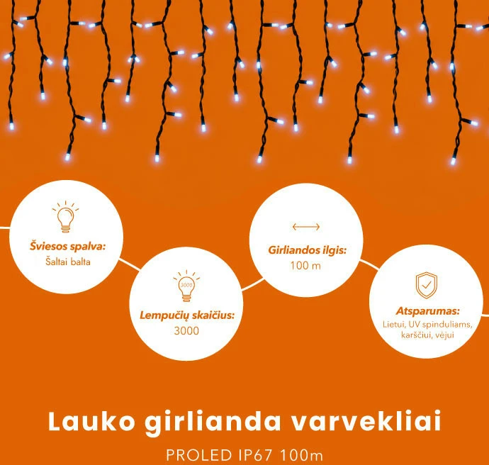 Lauko girlianda varvekliai (šaltai baltos LED lemputės) PROLED IP67 100m