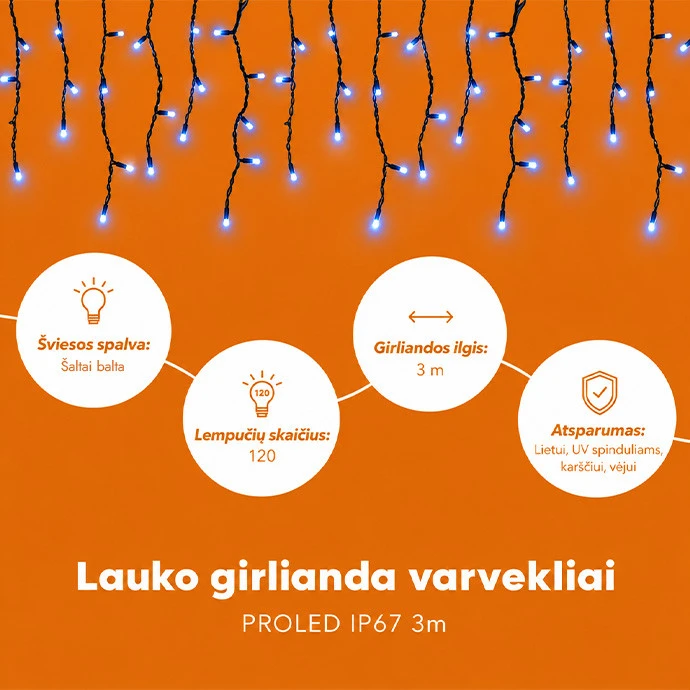 Lauko girlianda varvekliai (šaltai baltos LED lemputės) PROLED IP67 3m