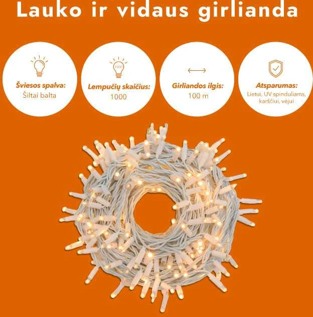 Lauko ir vidaus girlianda (LED lemputės) 100 m PROLED balta