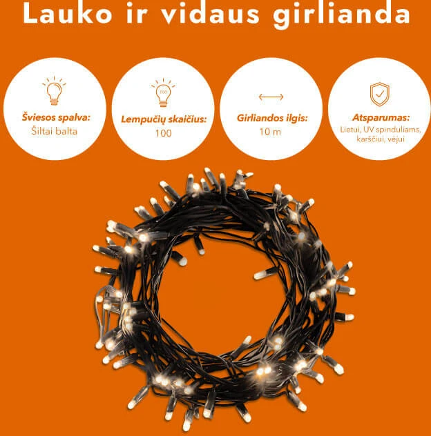 Lauko ir vidaus girlianda (šiltai baltos LED lemputės) 10 m PROLED juoda