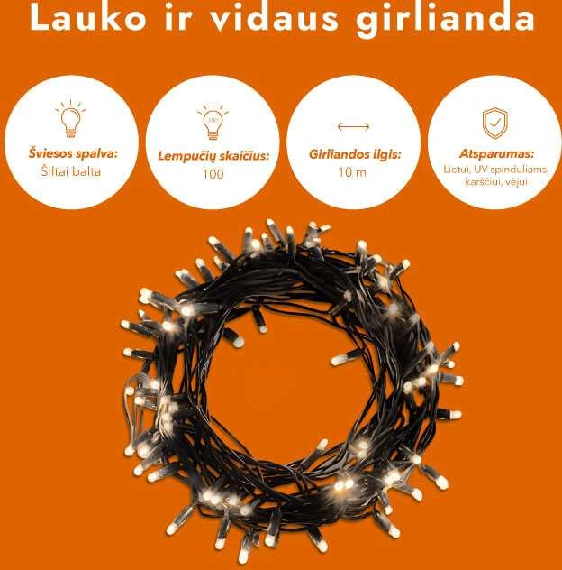 Lauko ir vidaus girlianda (LED lemputės) 10 m PROLED juoda