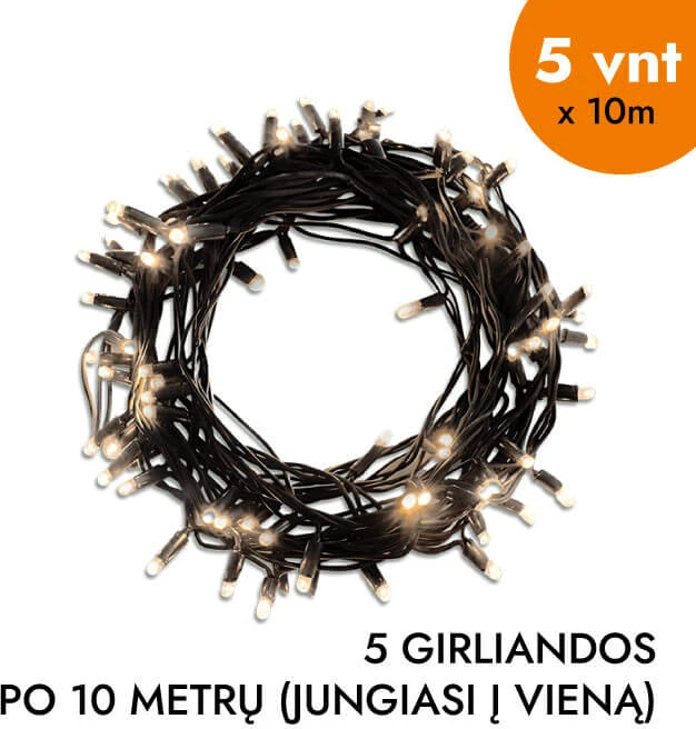 Lauko ir vidaus girlianda (šiltai baltos LED lemputės) 50 m PROLED juoda