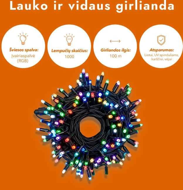 Lauko ir vidaus girlianda (LED lemputės) 100 m PROLED RGB