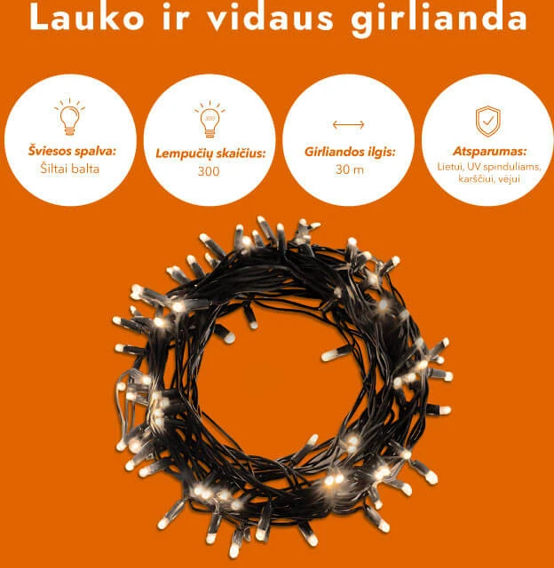 Lauko ir vidaus girlianda (šiltai baltos LED lemputės) 30 m PROLED juoda