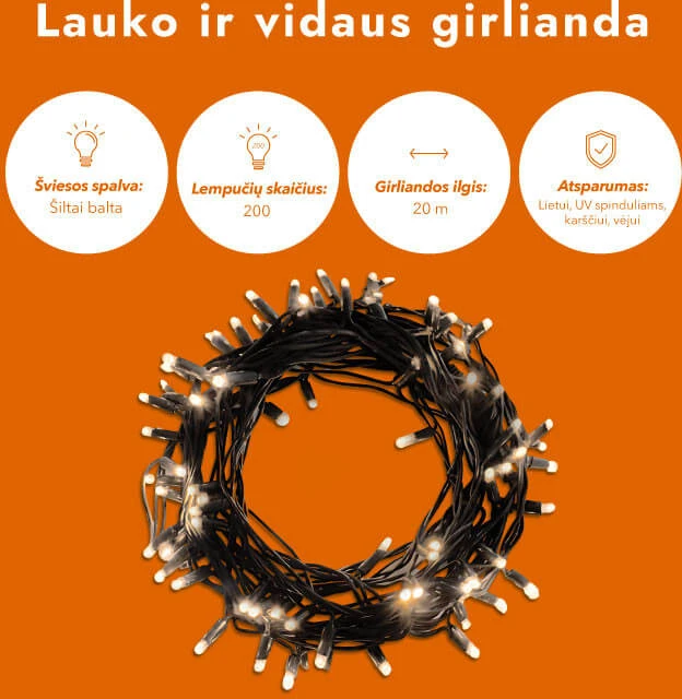 Lauko ir vidaus girlianda (šiltai baltos LED lemputės) 20 m PROLED juoda